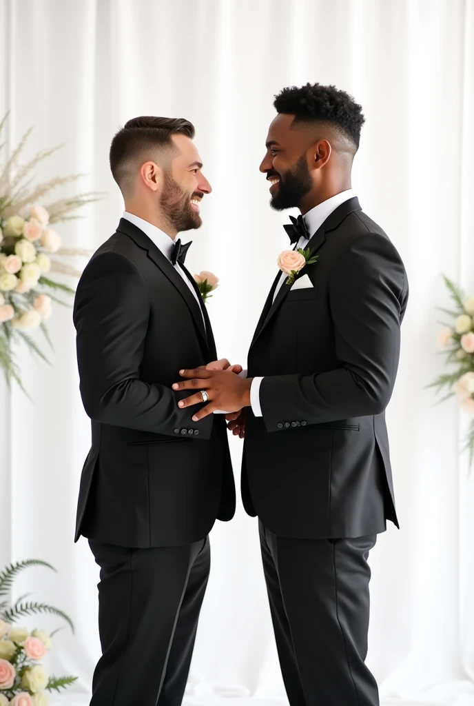 A gay couple getting married, one man is white and the other man is black. white background.