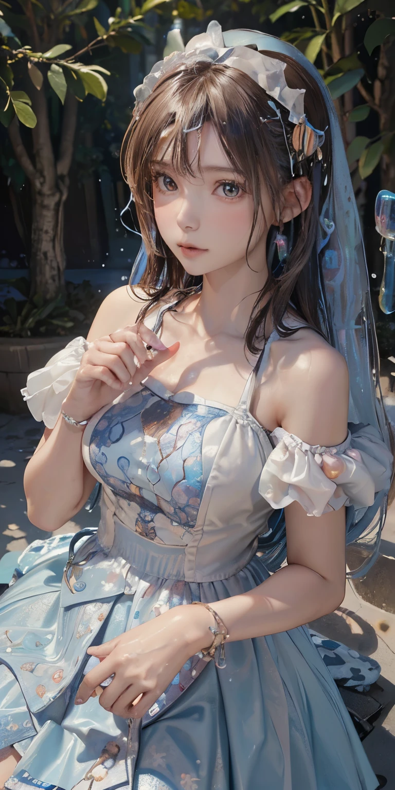 best quality, ultra high resolution, (realistic:1.4), masterpiece, mackerel, original, very detailed wallpaper, 1 woman, alone, shy, shy \(It went well with you\), whole body, Beach, sky, cirrus, (((Colorful bubbles))),
