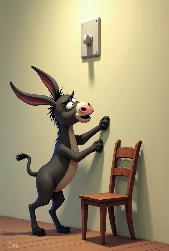 Short height donkey trying to reach switch in wall very high, (trying vey hard) (stressed, angry and sad)(used chair)