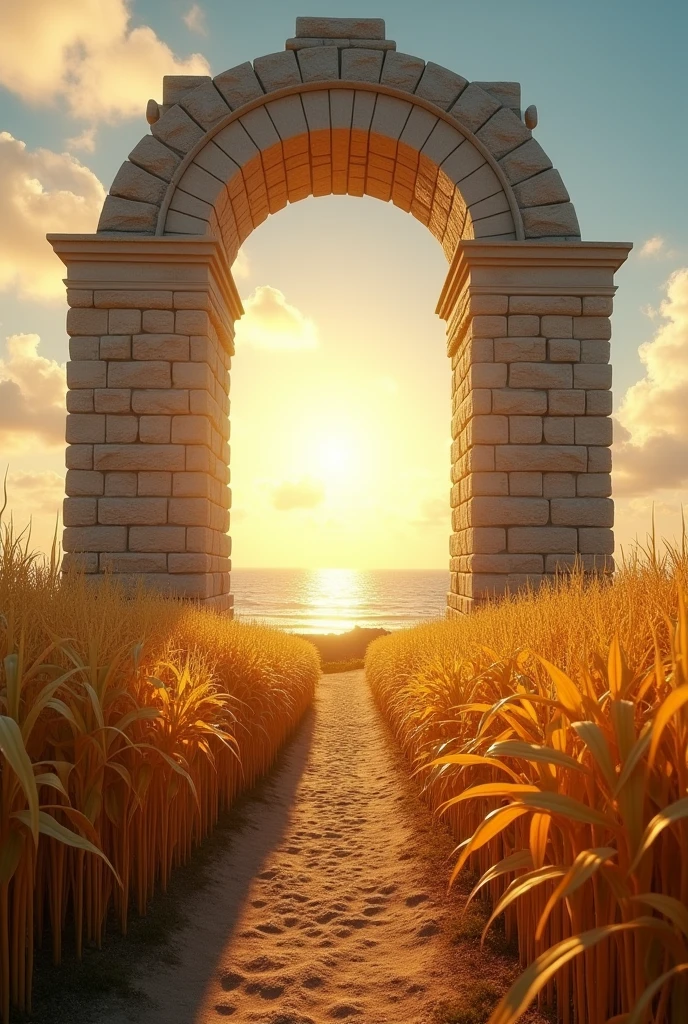 Arch of stone, golden corn, sun, ocean, sweet breeze