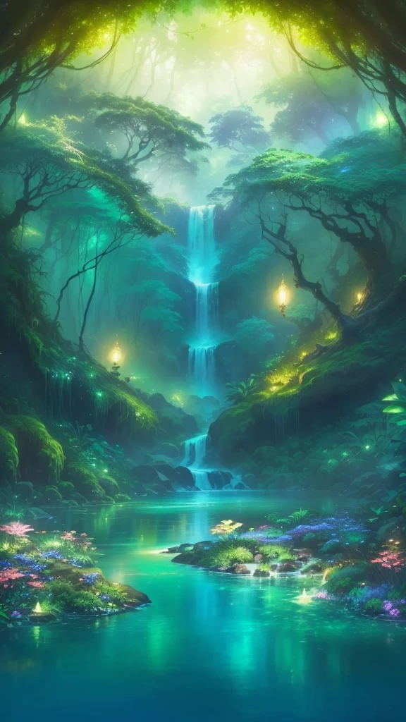 A painting of a forest with a waterfall and a stream, Enchanted Forest backround, Magical environment, enchanted magical The Jungle Book, Enchanted Forest, magical The Jungle Book, magic Fairytale Forest, The Jungle Book, Full of fairy, Magic Background, Mystical Forest Lagoon, Enchanted Forest background, The Jungle Book background, Magic clear, Fairytale Forest, Fantasy Forrest Background, Enchanted Forest, The Jungle Book landscape