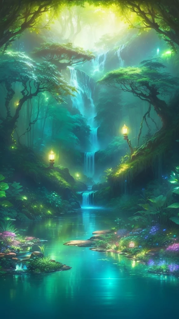 A painting of a forest with a waterfall and a stream, Enchanted Forest backround, Magical environment, enchanted magical The Jungle Book, Enchanted Forest, magical The Jungle Book, magic Fairytale Forest, The Jungle Book, Full of fairy, Magic Background, Mystical Forest Lagoon, Enchanted Forest background, The Jungle Book background, Magic clear, Fairytale Forest, Fantasy Forrest Background, Enchanted Forest, The Jungle Book landscape