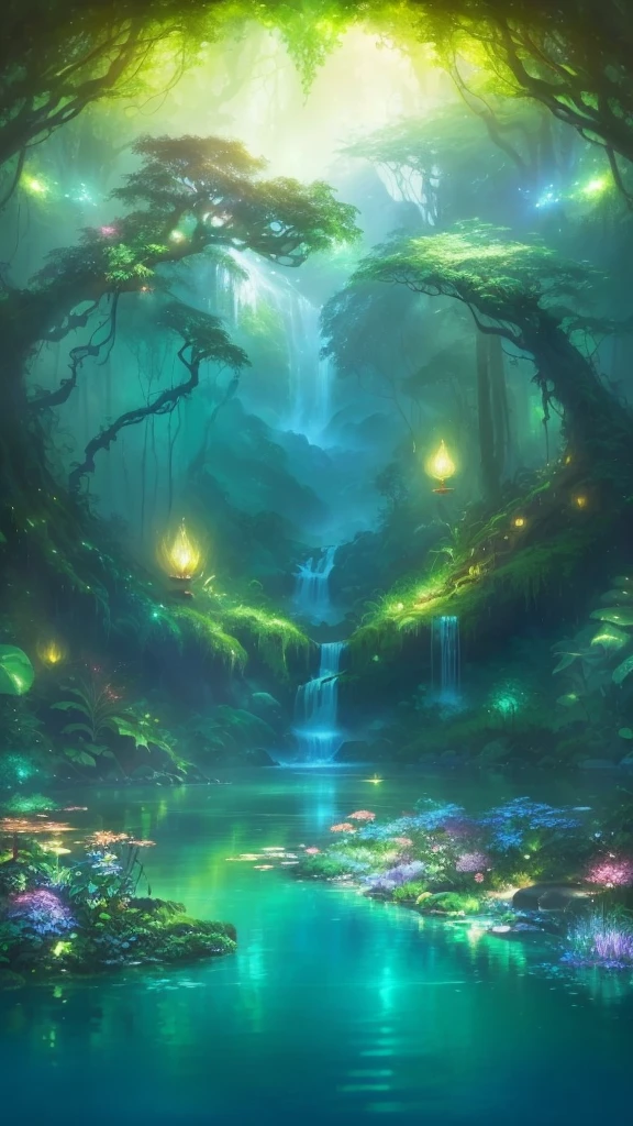 A painting of a forest with a waterfall and a stream, Enchanted Forest backround, Magical environment, enchanted magical The Jungle Book, Enchanted Forest, magical The Jungle Book, magic Fairytale Forest, The Jungle Book, Full of fairy, Magic Background, Mystical Forest Lagoon, Enchanted Forest background, The Jungle Book background, Magic clear, Fairytale Forest, Fantasy Forrest Background, Enchanted Forest, The Jungle Book landscape