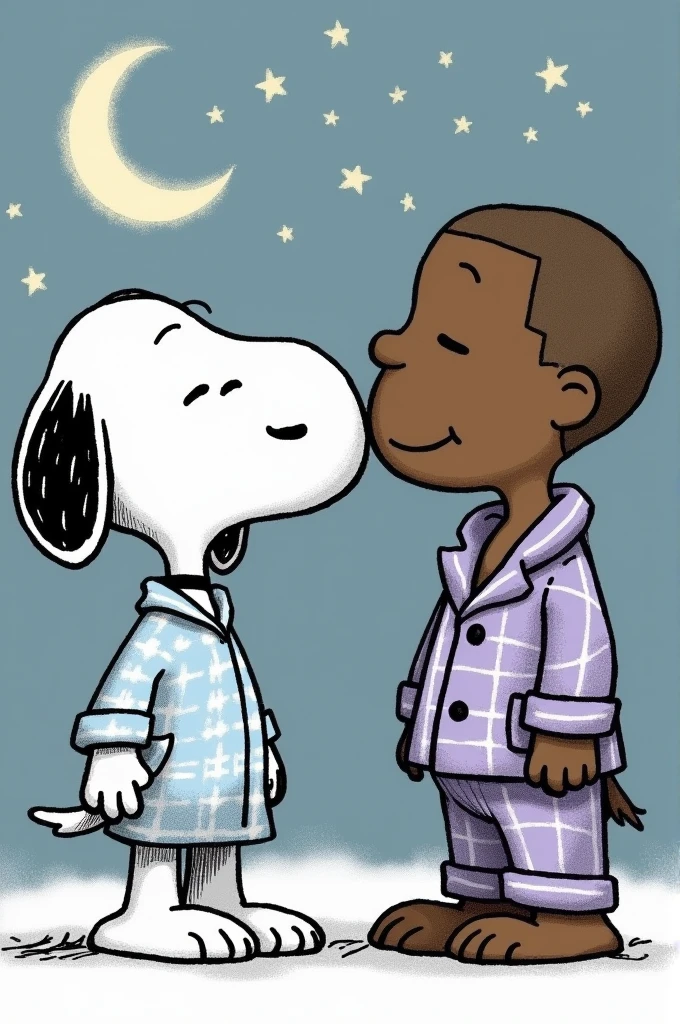 Can you generate a picture of Snoopy and Kanye West about to sleep together? They are both wearing pijamas. Also, include the text "Good night" on top of the drawing.