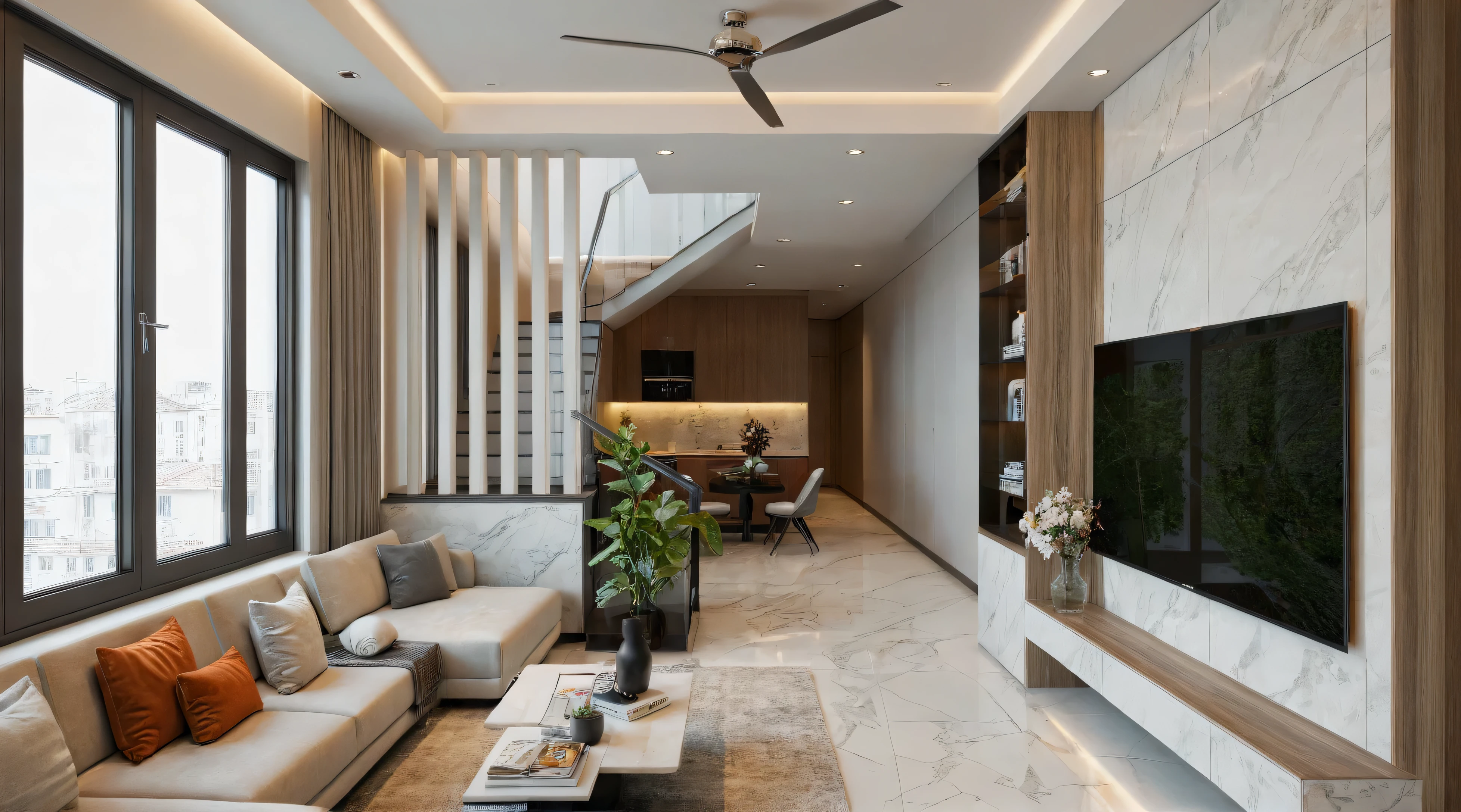 (RAW photo, masterpiece, best quality,ultra-detailed, extremely delicate and beautiful, highresolution, best shadow:1.1), modern living room, bright sofa, reflective floor, shag carpet, tv, marble wwall, orange pillow, book shelf, ceiling light, wwhite ceiling, plant and flower, interior lighting,
realistic lighting