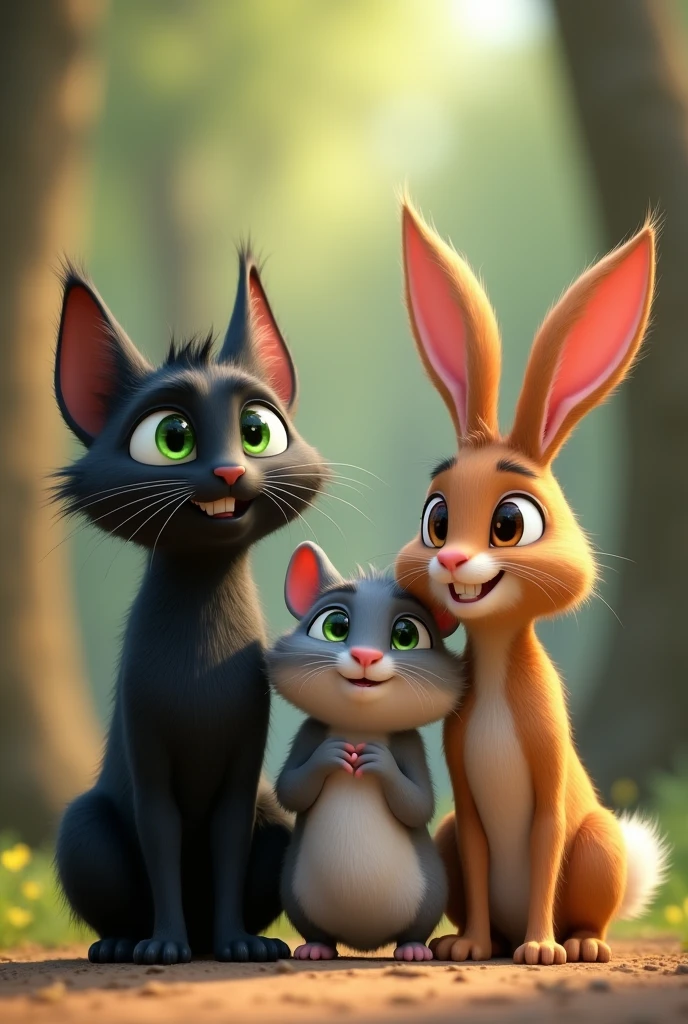 An animated image of a black cat with green eyes, a gray Russian hamster and a brown rabbit with long ears all together looking forward so that their faces and their paw print can be seen close up 