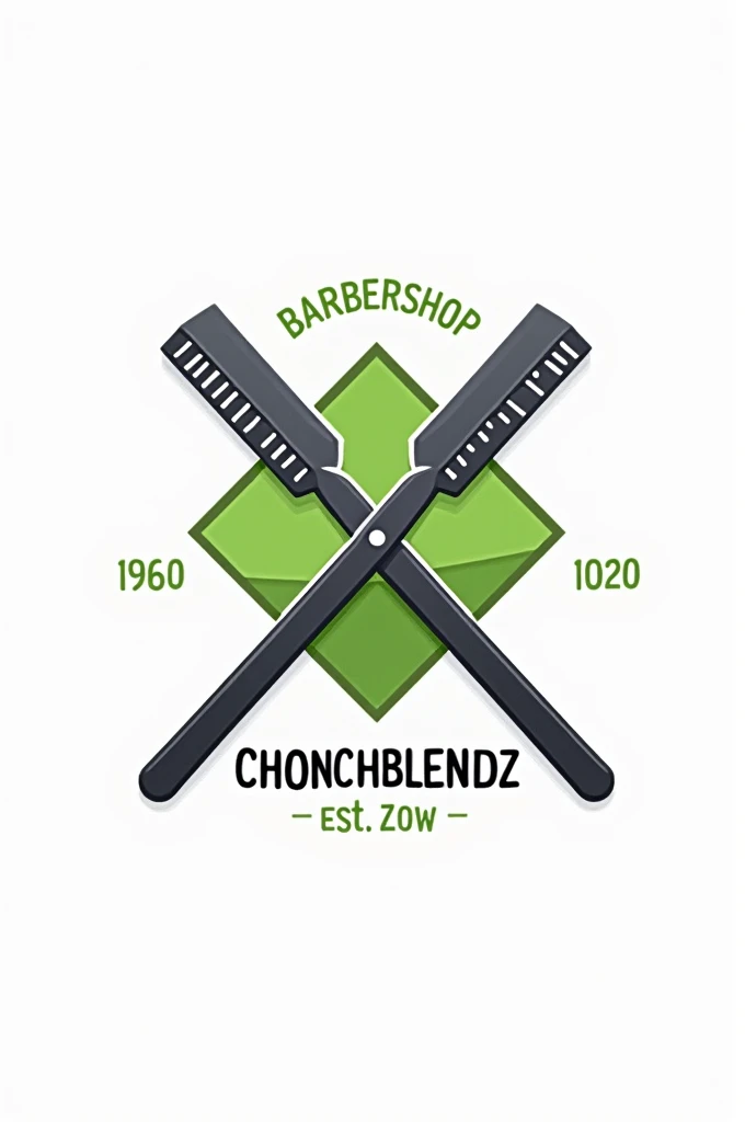Create a flat vector, illustrative-style emblem logo design for an urban barber 'ChonchBlendz' established in 2020 , featuring a diamond modern straight razors crossed in the center of the company name. Use bright green, grey and black colors to convey trust, premium service and a luxury experience against a white background.