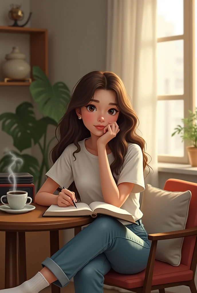 40 years old woman, long brown wavy hair, eyes black, Round face, writing diary, table with coffee in the room, window, drapery, vinyl record player, white sleeve t-shirt, bermuda jeans, white aerobic socks.