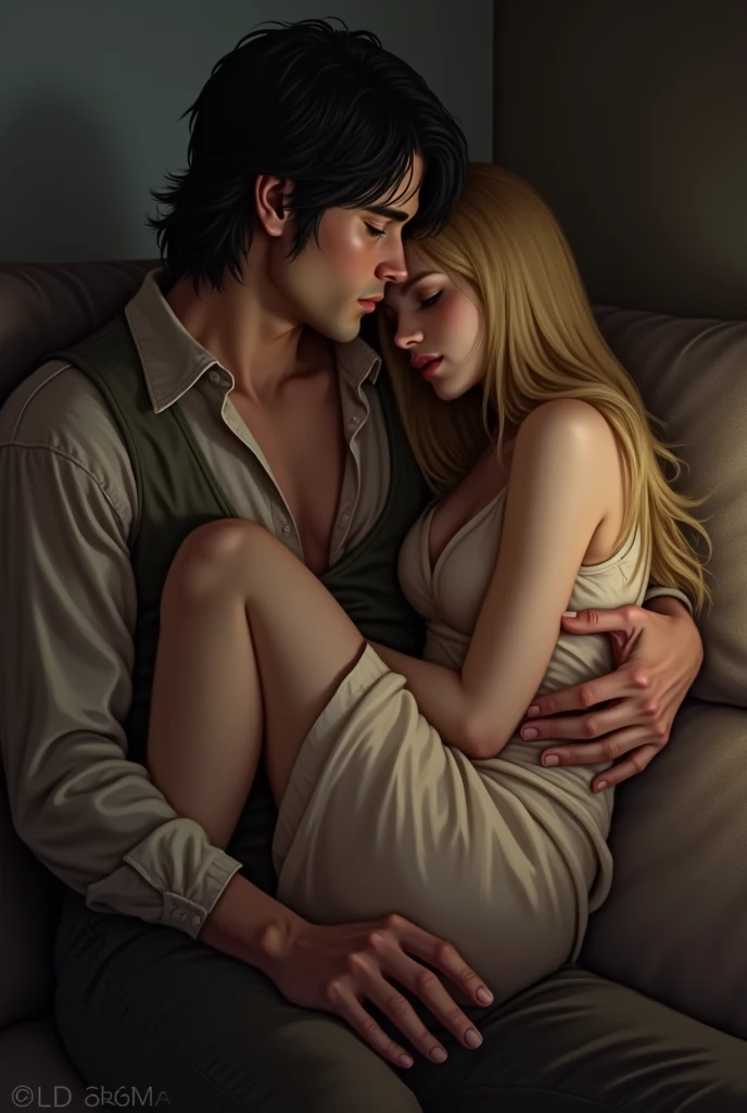 Dark-haired man with a blonde girl, she sitting on his lap