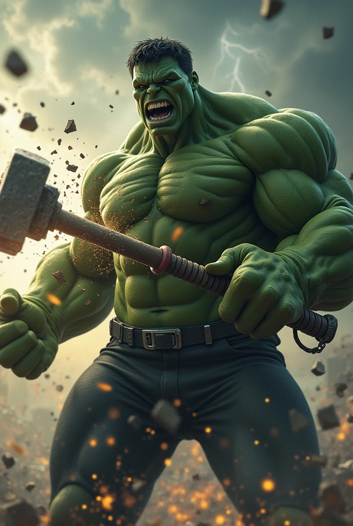 Hulk destroying thor hammer in one punch