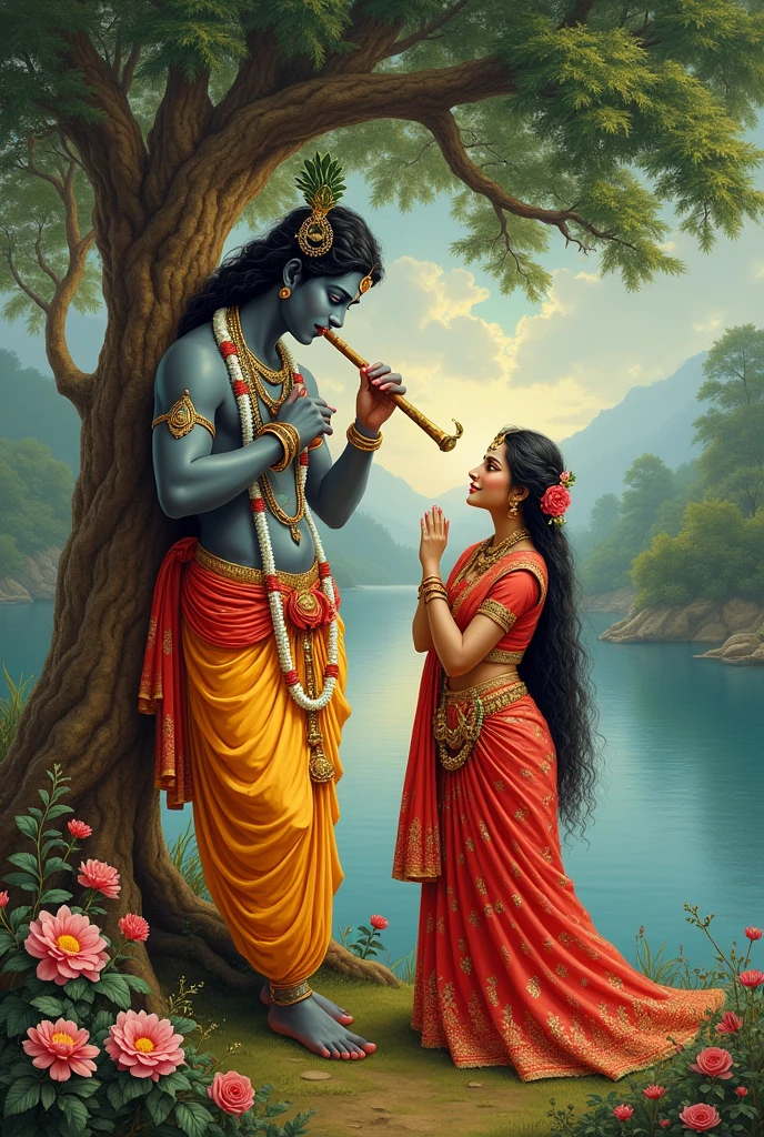 Krishna with radha in under tree and Krishna play flute