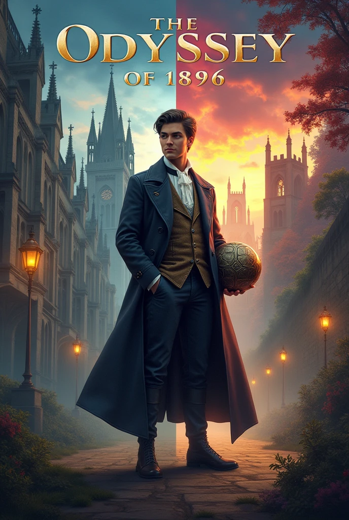 A split scene cover. On the left side, depict late 19th-century Great Britain, with an overcast sky above Cambridge University’s iconic Gothic architecture. A young man, Ethan Rivera, stands prominently in the foreground, dressed in a formal academic suit typical of the era, his expression determined yet contemplative. To his right, the scene transitions into a vibrant, medieval fantasy world, with mystical forests and towering, magical ruins under a sky of swirling colors. Ethan is seen again, now clad in a mix of 19th-century attire and medieval armor, holding a metallic spherical object (an Admin Core) that emits a faint, ethereal glow. Looking toward the difference world The background on this side features strange creatures and an ancient wall, symbolizing the barrier between the two worlds. The title, The Odyssey of 1896, is displayed prominently at the top in a stylized, elegant font that combines elements of Victorian and medieval design.