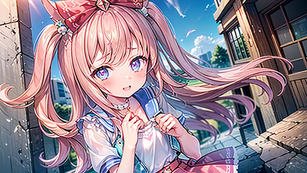 1girl, agnes digital (umamusume), shirt, blue shirt, tucked in, skirt, pleated shirt, pink skirt, cute, hand on own chest, cute, ((masterpiece)), beautiful