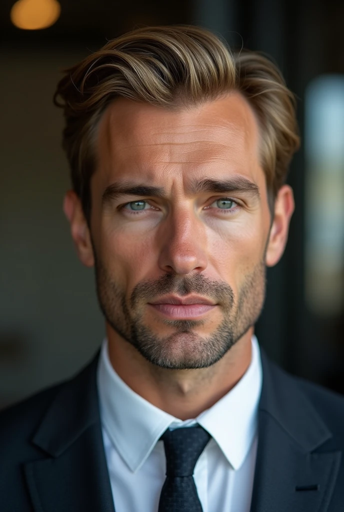 A man, high, good white body, not light blond, light eyes, about 39, without any beard, with resemblance to serkan botat and that he is wearing a suit