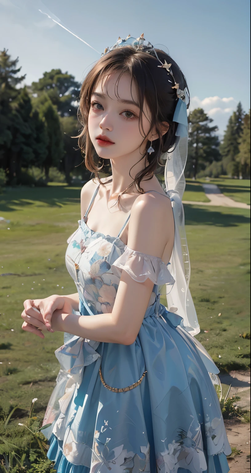 best quality, ultra high resolution, (realistic:1.4), masterpiece, mackerel, original, very detailed wallpaper, 
grass, sky, 
1 woman, alone, shy \(It went well with you\), teal robe, 
Finger Frame, 