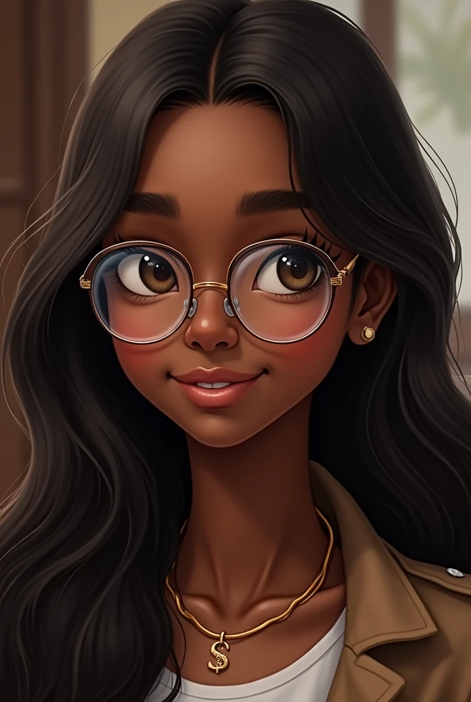 A young, dark-skinned interviewer with long, wavy hair, clear glasses, brown eyes, and a small gold-colored necklace with the letter S.