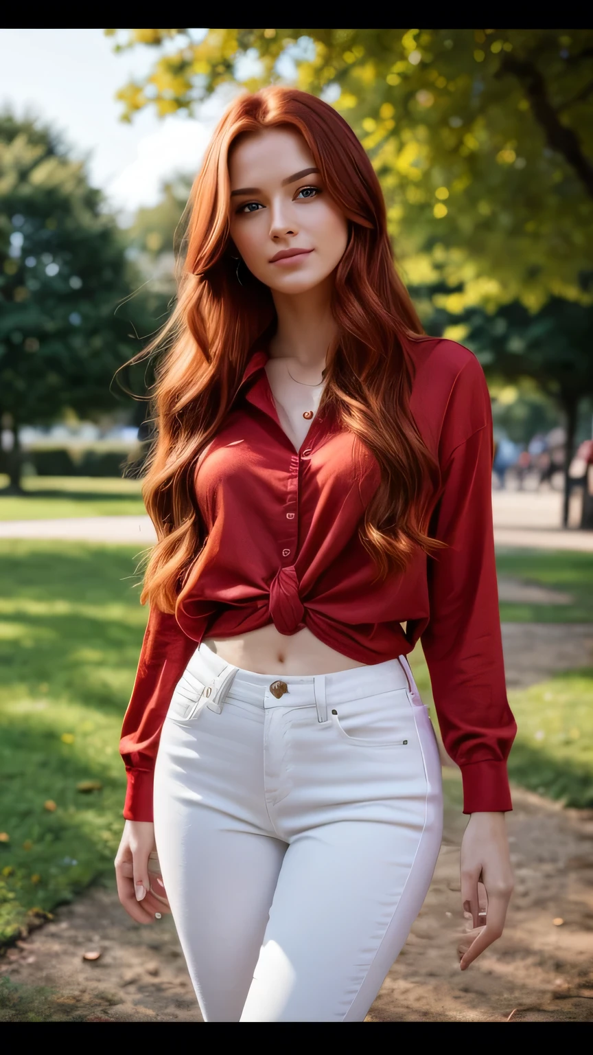 Realistic full body photo of a smiling, Young red-haired girl with long hair, She dances in front of the camera in a red shirt and tight white jeans, Park,glamour fotoshooting, Park, perfect anatomy, perfect green eyes. Perfect hands with 5 fingers on each hand, Matching girl, looking at the camera, 1 Frau. (Eye make up:1.1), (highly detailed skin:1.1), spirit, analog style, keen focus, 8K UHD, dslr, good quality, Fujifilm XT3, Grain, Award-winning, masterpiece. Park
