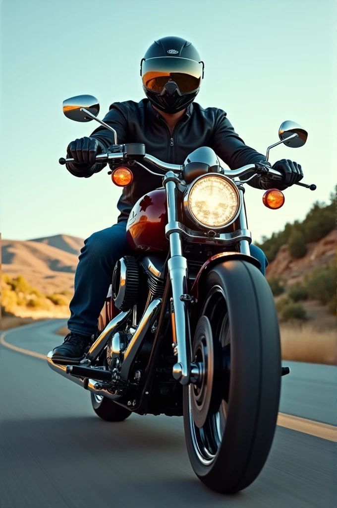 A person riding his motorcycle with his helmet on the road