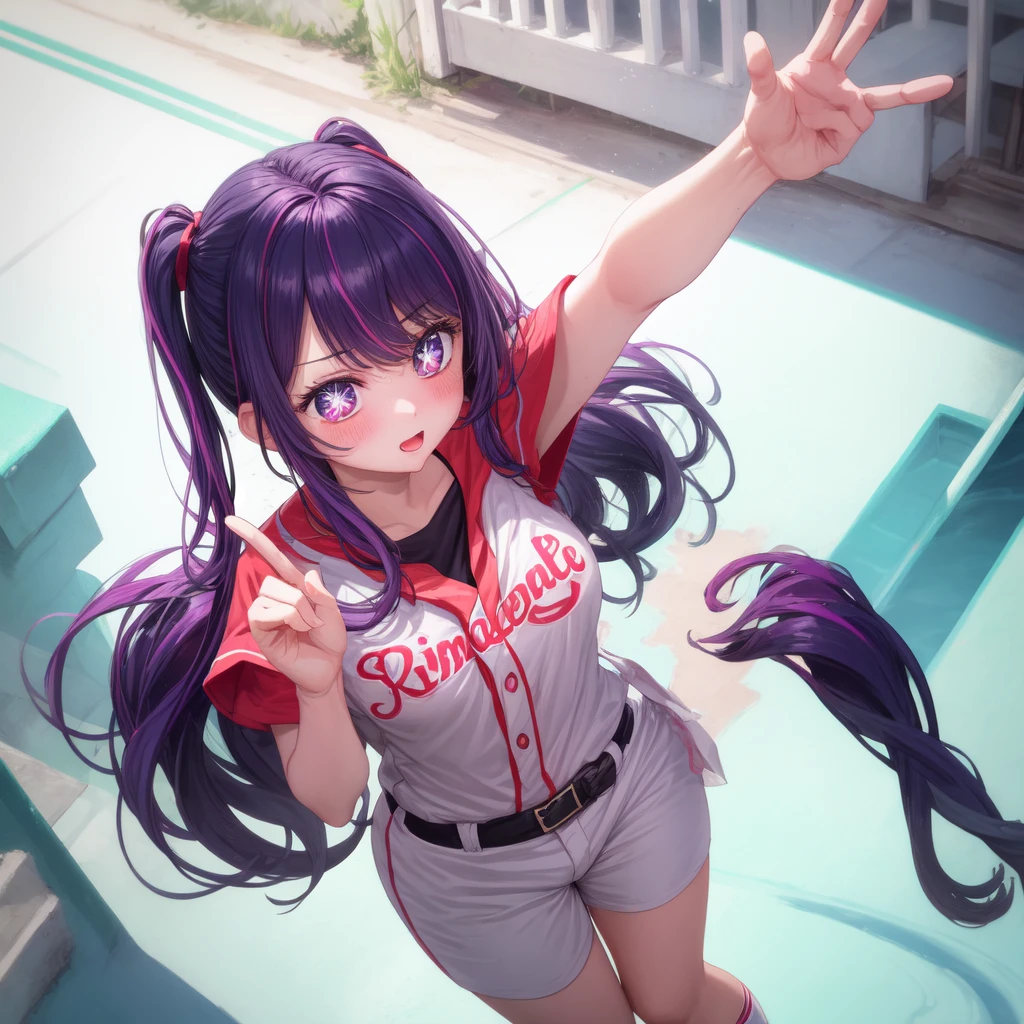 1 girl, alone, high quality, big tits, beautiful, slender, shoot from above BREAK Sparkling_eye, Purple Hair, Long Hair, pigtails, Star-shaped pupils, +_+, baseball uniform , embarrassing, blush BREAK arm off screen:2