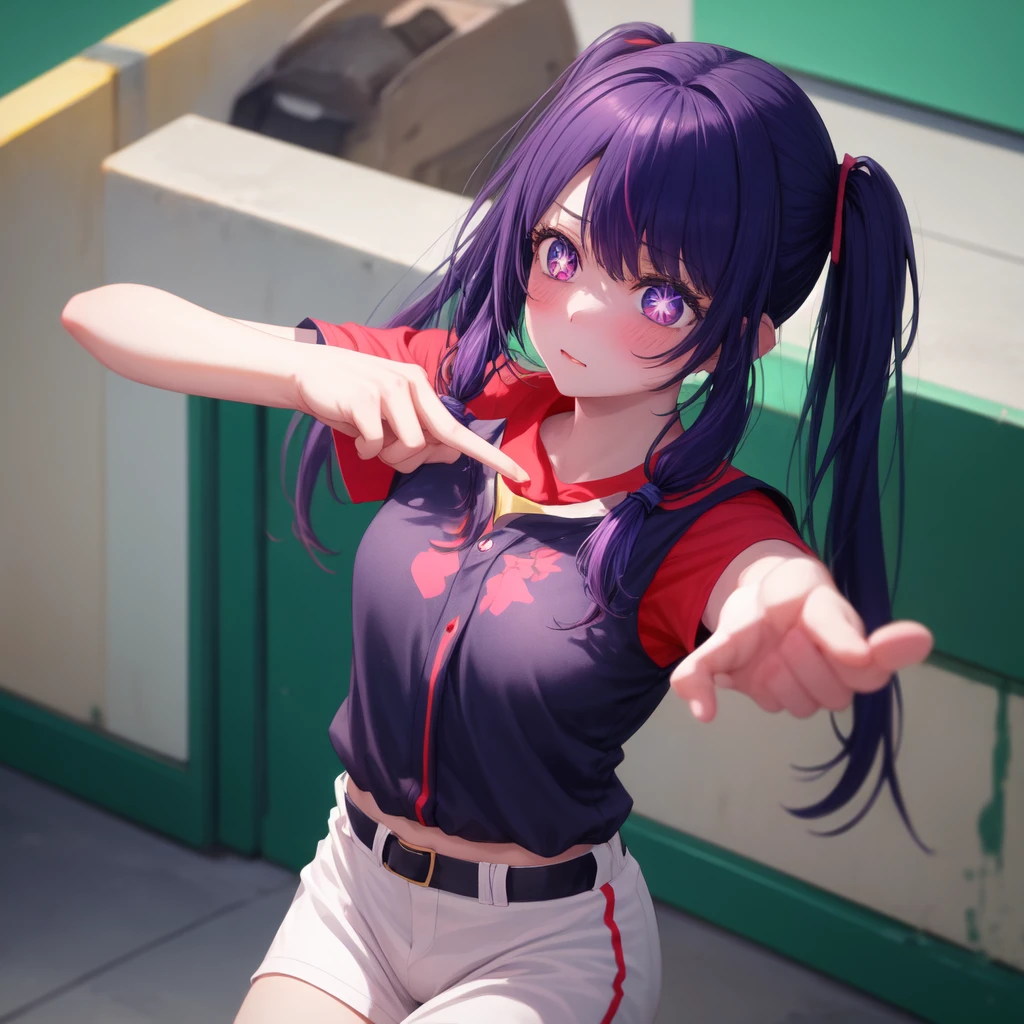 1 girl, alone, high quality, big tits, beautiful, slender, shoot from above BREAK Sparkling_eye, Purple Hair, Long Hair, pigtails, Star-shaped pupils, +_+, baseball uniform , embarrassing, blush BREAK arm off screen:2