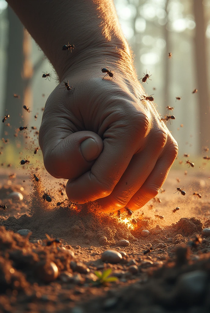 A powerful fist smashed on the ruins of ant nests full of ants, some ants were blown away, some ants were fighting, some ants were climbing on the fist, the background is the sputtering of forest soil, the dust is flying, war game style, the picture composition golden ratio, reflecting the antagonism of hands and ants, the battle is fierce, vertical composition, realistic style, 3D quality, Dust and debris kicked up in the chaos, ((epic, movie)), the fun of the 3A game illustration.