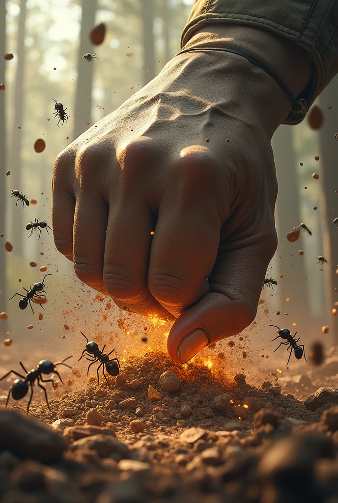 A powerful fist smashed on the ruins of ant nests full of ants, some ants were blown away, some ants were fighting, some ants were climbing on the fist, the background is the sputtering of forest soil, the dust is flying, war game style, the picture composition golden ratio, reflecting the antagonism of hands and ants, the battle is fierce, vertical composition, realistic style, 3D quality, Dust and debris kicked up in the chaos, ((epic, movie)), the fun of the 3A game illustration.