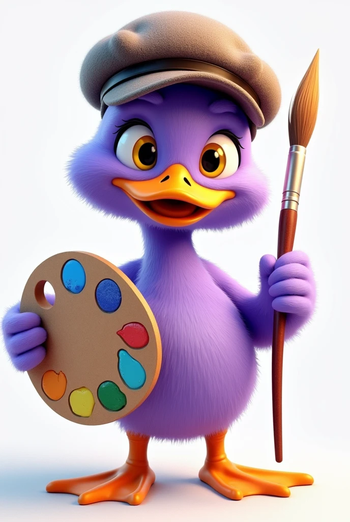 Young male duck of light purple color, painter by profession, of Anatomy attached with adorable yellow eyes, with his palette of colors and a large brush and French cap