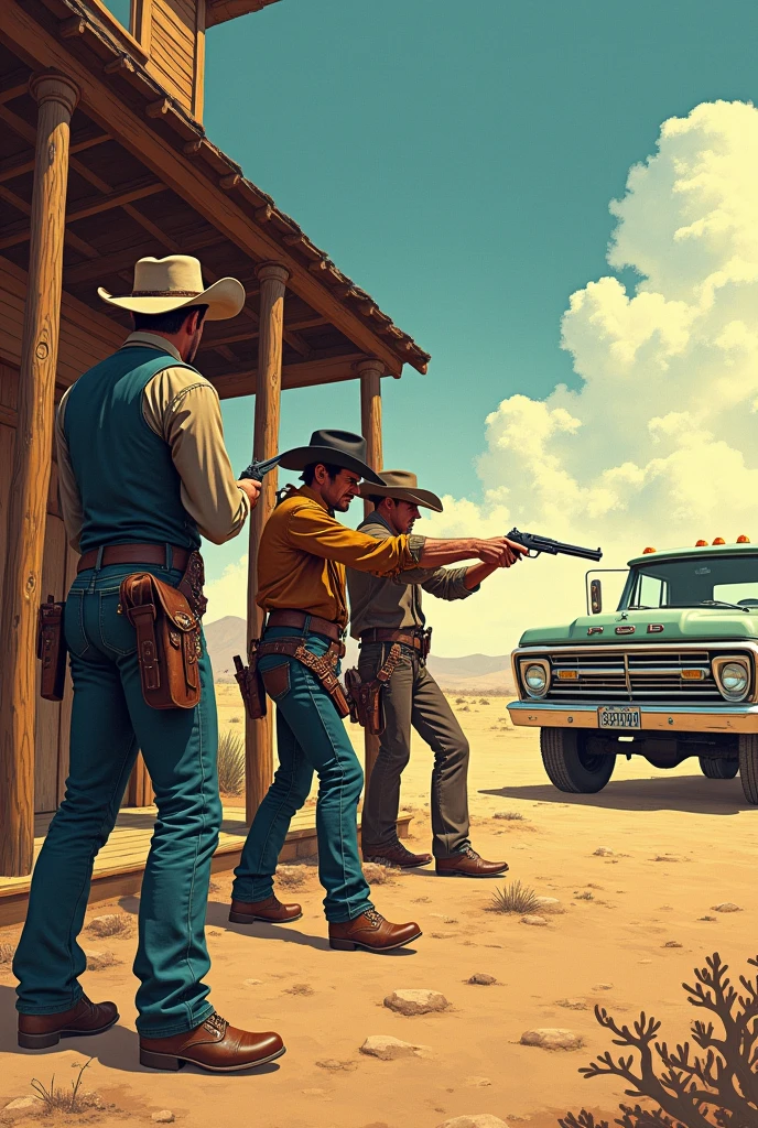 Hyperrealistic color comic 1950s three outlaw cowboys on the porch of a saloon shooting with pistols at the sheriff in the desert in the background a parked Ford truck the sheriff shoots the three cowboys