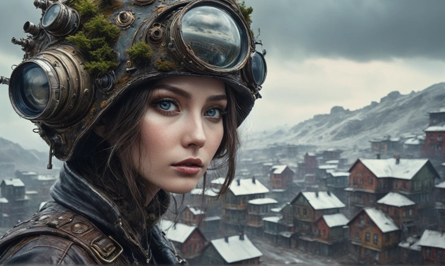 insane pilot from USSR , camouflage Rusty, after a psychiatric clinic,winter,intricate landscape,slate grey atmosphere,film grain,faded,eyes extremely detailed,another world,view from height,once pretty face,eyebrow up,full body shot,ominous landscape, Simon Stalenhag,Nicola Samori,full body shot,beggar paladium The Alien Entity,Technicolor,natural skin textures, hyper realism, hyper detailed,Extremely detailed,High contrast,Masterpiece,Realistic,Ultra Detailed, intricate details,realistic humid leather,extremly intricate,Epic Realistic, cinematic style,irina yermolova,high contrast,hdr,extremely detailed, deep night landscape,masterpiece,intricate details,faded,eyes extremely detailed, high detailed eyes,8k resolution,RAW,retina, Nikon Z9,China,tkt style, transition between two art styles, Ink painting to photorealism, Double contact, X-ray, Creative, vivid light, masterpiece, fantasy, Abstract Surrealism, super detailed, high resolution, stop:35;Her skin is pale, almost translucent,ancient rock,a hot air soars through the layers of clouds, revealing a colossal and enigmatic cityscape nestled within. The buildings in this ethereal city are adorned with intricate details and exude an aura of mystery. lend an enchanting touch to the scene. steampunk. The intricate mechanics create a sense of wonder and fascination, as if stepping into a dreamlike realism, Glass geometric shapes with a bunch of trees on it, overgrown planet, Fractal World, A lush world of fantasy, fantasy planet, Dyson geometric shapes, planetary landscape, Jofra Bosschart,psychedelic Mysterious World