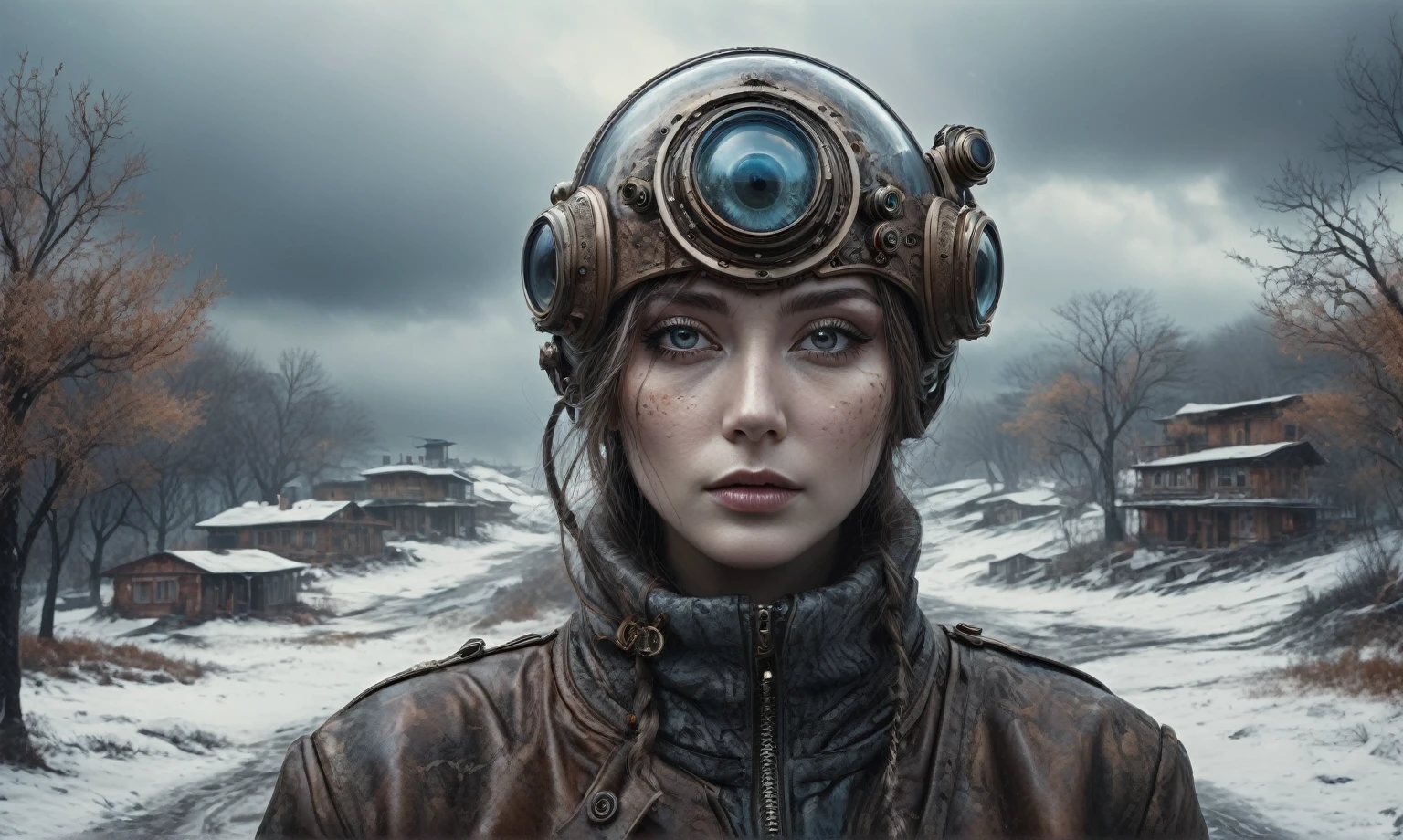 insane pilot from USSR , camouflage Rusty, after a psychiatric clinic,winter,intricate landscape,slate grey atmosphere,film grain,faded,eyes extremely detailed,another world,view from height,once pretty face,eyebrow up,full body shot,ominous landscape, Simon Stalenhag,Nicola Samori,full body shot,beggar paladium The Alien Entity,Technicolor,natural skin textures, hyper realism, hyper detailed,Extremely detailed,High contrast,Masterpiece,Realistic,Ultra Detailed, intricate details,realistic humid leather,extremly intricate,Epic Realistic, cinematic style,irina yermolova,high contrast,hdr,extremely detailed, deep night landscape,masterpiece,intricate details,faded,eyes extremely detailed, high detailed eyes,8k resolution,RAW,retina, Nikon Z9,China,tkt style, transition between two art styles, Ink painting to photorealism, Double contact, X-ray, Creative, vivid light, masterpiece, fantasy, Abstract Surrealism, super detailed, high resolution, stop:35;Her skin is pale, almost translucent,ancient rock,a hot air soars through the layers of clouds, revealing a colossal and enigmatic cityscape nestled within. The buildings in this ethereal city are adorned with intricate details and exude an aura of mystery. lend an enchanting touch to the scene. steampunk. The intricate mechanics create a sense of wonder and fascination, as if stepping into a dreamlike realism, Glass geometric shapes with a bunch of trees on it, overgrown planet, Fractal World, A lush world of fantasy, fantasy planet, Dyson geometric shapes, planetary landscape, Jofra Bosschart,psychedelic Mysterious World
