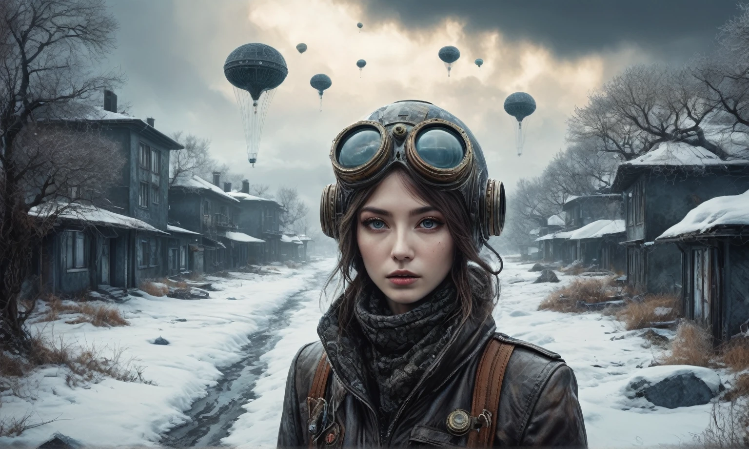 insane pilot from USSR , camouflage Rusty, after a psychiatric clinic,winter,intricate landscape,slate grey atmosphere,film grain,faded,eyes extremely detailed,another world,view from height,once pretty face,eyebrow up,full body shot,ominous landscape, Simon Stalenhag,Nicola Samori,full body shot,beggar paladium The Alien Entity,Technicolor,natural skin textures, hyper realism, hyper detailed,Extremely detailed,High contrast,Masterpiece,Realistic,Ultra Detailed, intricate details,realistic humid leather,extremly intricate,Epic Realistic, cinematic style,irina yermolova,high contrast,hdr,extremely detailed, deep night landscape,masterpiece,intricate details,faded,eyes extremely detailed, high detailed eyes,8k resolution,RAW,retina, Nikon Z9,China,tkt style, transition between two art styles, Ink painting to photorealism, Double contact, X-ray, Creative, vivid light, masterpiece, fantasy, Abstract Surrealism, super detailed, high resolution, stop:35;Her skin is pale, almost translucent,ancient rock,a hot air soars through the layers of clouds, revealing a colossal and enigmatic cityscape nestled within. The buildings in this ethereal city are adorned with intricate details and exude an aura of mystery. lend an enchanting touch to the scene. steampunk. The intricate mechanics create a sense of wonder and fascination, as if stepping into a dreamlike realism, Glass geometric shapes with a bunch of trees on it, overgrown planet, Fractal World, A lush world of fantasy, fantasy planet, Dyson geometric shapes, planetary landscape, Jofra Bosschart,psychedelic Mysterious World