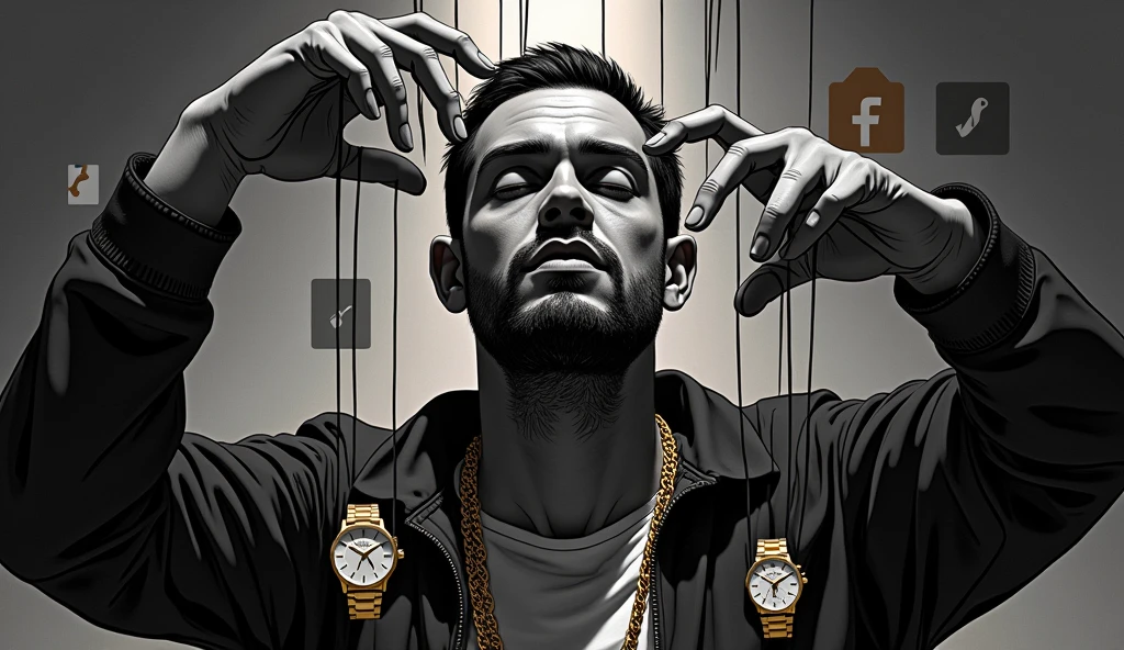 Create a dramatic distorted image in black and white anime format with a colored highlight spot, a person being controlled like a puppet showing off his wealth, money, automobile, beautfull woman, gold watch and necklace on social media. Ao fundo, blurred social media likes and logos.