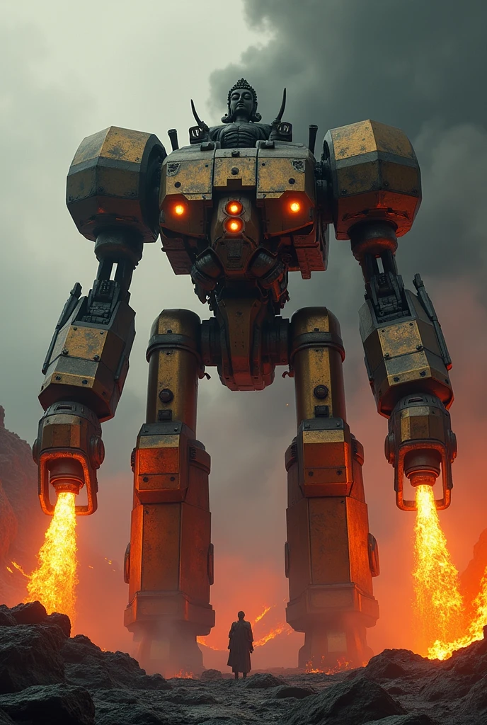 a giant death robot, a lava spewing demon engine from warhammer 40k, red paint, bronze metal, lava cannons, scorpion theming, (bronze buddha statue is the robot's head), volcano setting, intricate machinery, glowing lava, photorealistic, highly detailed, 8k, masterpiece, cinematic lighting, concept art style, 'LET THE GALAXY BURN!' written in horror font across the top of screen