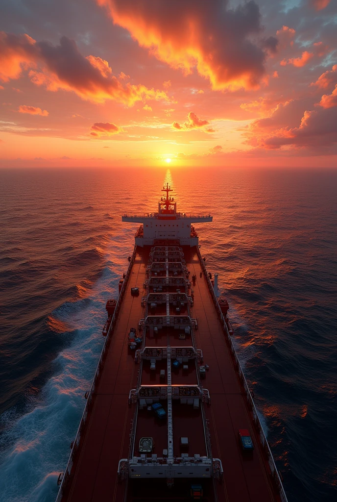 **Prompt**: *A realistic photograph taken from the bridge of the world's largest oil supertanker during sunset. The scene is illuminated by the warm, golden light of the setting sun, casting long shadows across the deck. The sky is clear, with vibrant hues of orange and pink blending into the horizon. The vast ocean stretches out in all directions, with a few other ships visible in the distance, their silhouettes dark against the bright sky. The bridge is bustling with activity, showcasing the crew at work, focused on the navigation and control equipment. Every detail, from the polished metal surfaces to the intricate dials and gauges, is meticulously captured. The perspective is a panoramic view from above, emphasizing the sheer size of the supertanker and the endless expanse of the ocean.*