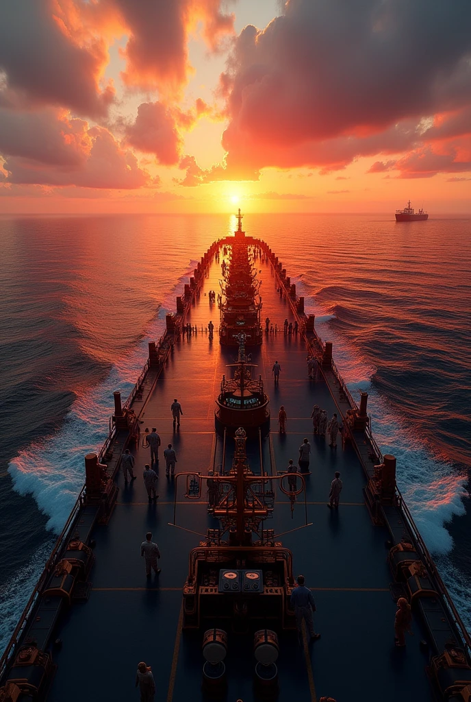 

**Prompt**: *A realistic photograph taken from the bridge of the world's largest oil supertanker during sunset. The scene is illuminated by the warm, golden light of the setting sun, casting long shadows across the deck. The sky is clear, with vibrant hues of orange and pink blending into the horizon. The vast ocean stretches out in all directions, with a few other ships visible in the distance, their silhouettes dark against the bright sky. The bridge is bustling with activity, showcasing the crew at work, focused on the navigation and control equipment. Every detail, from the polished metal surfaces to the intricate dials and gauges, is meticulously captured. The perspective is a panoramic view from above, emphasizing the sheer size of the supertanker and the endless expanse of the ocean.*

