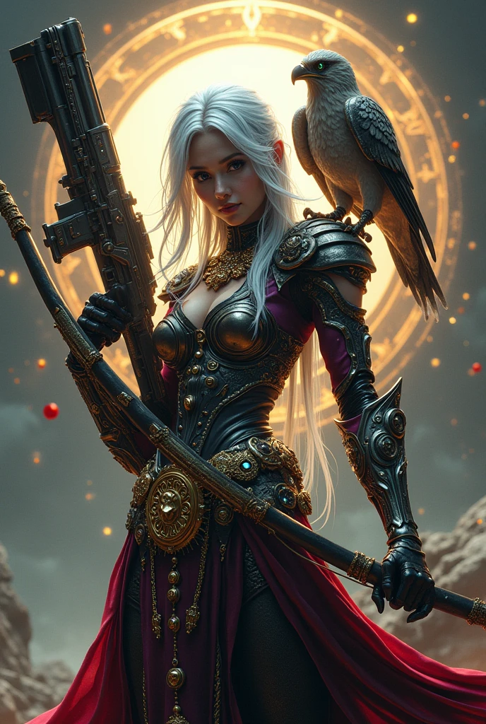 Surreal Very detailed Ultra Fantasy Ultimate Details Ultra-high resolution 8K 32k 3D Clear Eyes Silver Hair Holding a big bowgun with a unique design in his left hand Assassin Gorgeous, textured and intricately designed armor A hawk on the right shoulder mechanical engineering Mechanic Art . intricate and elaborate design, money, gold Silver Silver Red Black-purple Dynamic pose Robotics Cinema Lighting Demonic Spell Aura Bow playing pose Magic circle design A large, luxurious amulet made of gold Vivid Color Girl Gorgeous and cool jeweled gauntlets Satanism