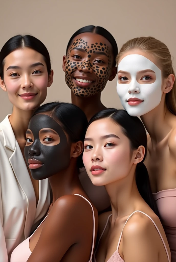 Aesthetic and creative Banner of four real models with applied different face masks like coffee,charcoal,rose,rice mask