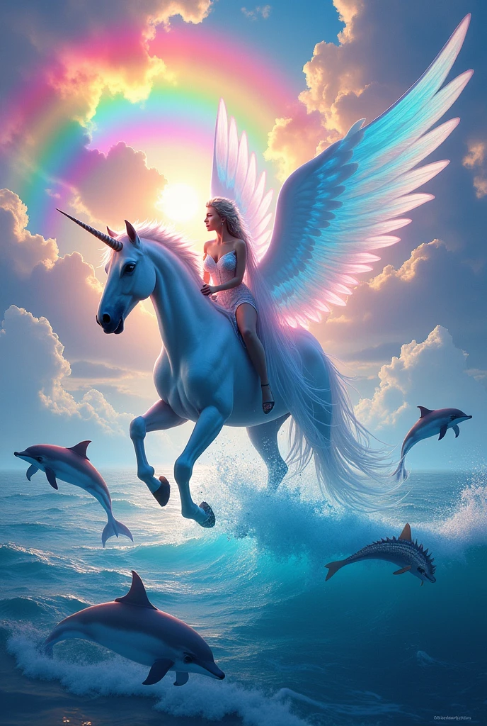 Bellakath singer riding a unicorn with wings, dolphins in the background, flying fish, rainbow, too colorful