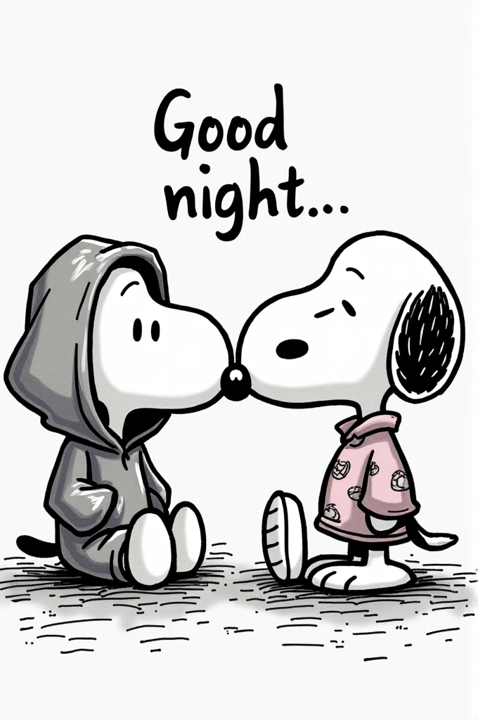 Can you generate a picture of Snoopy and Kanye West about to sleep together? They are both wearing pijamas. Also, include the text "Good night" on top of the drawing.