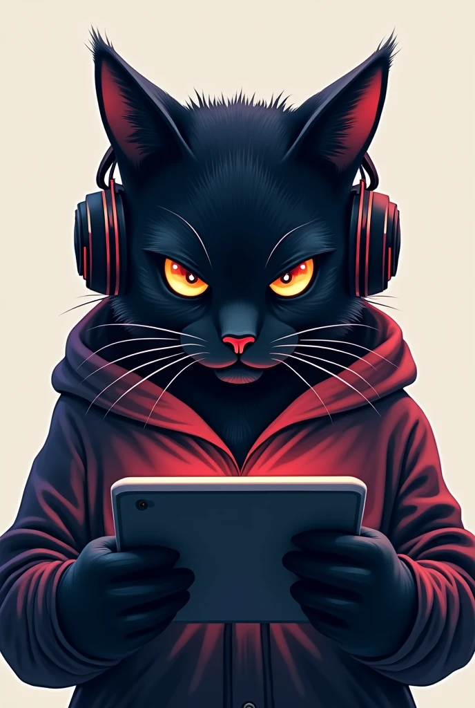 Can you create me a logo of a black heat GAMER cat that looks tough THAT HAS HEADPHONES AND IS PLAYING WITH HIS TABLET and below has the words "MISHO TK"