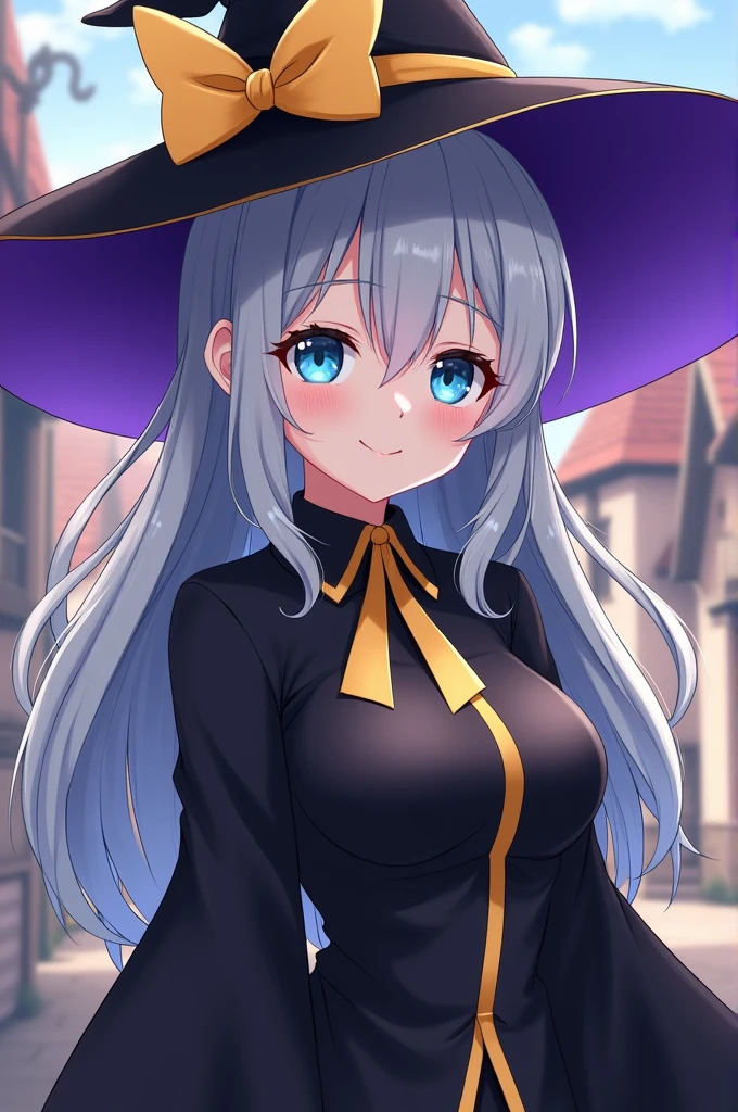 elaina_(majo_no_tabitabi), masterful, masterpiece, 4k,, 1girl, feminine, beautiful, a-cup, grey hair, big magical hat + black on the top and purple on the inside, blue eyes, white shirt, yellow ribbon, black robe,, kawaii, looking at viewer, slight smile, magical girl, background medieval Europe,