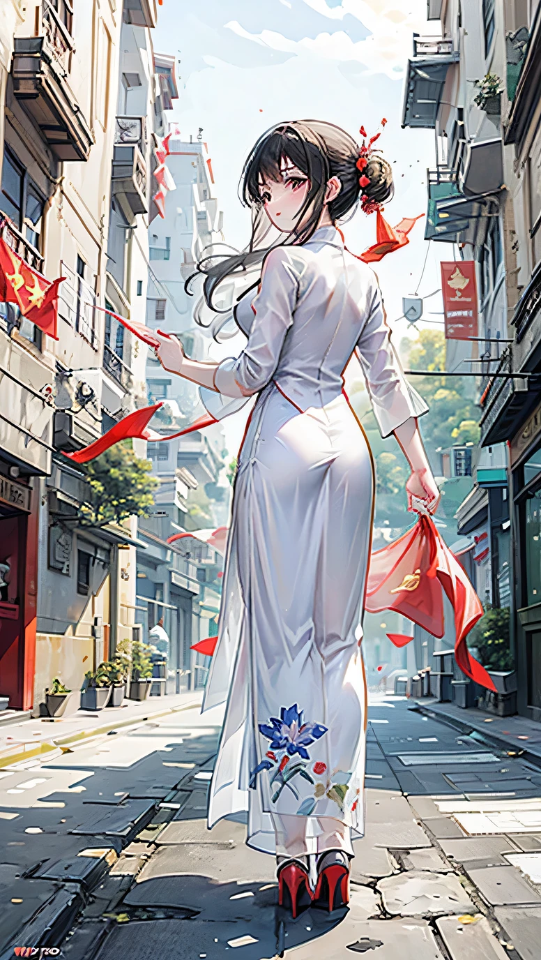 One women walking down a street with vietnamese flags hanging from the buildings, vietnam, vietnamese woman, ao dai, illustration, red flags holiday, flags, vietnamese temple scene, travelers walking the streets, triumphant, vietnam war, proudly walking down the street, red yellow flag, 