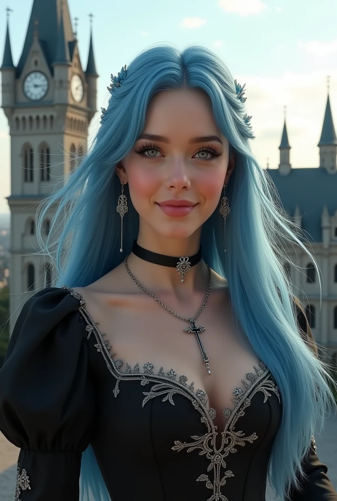 ((Masterpiece, Best Quality, Highest Image Quality, High Resolution, Photorealism, RAW Photos, 8k)), A beautiful woman, 20 years old female, pale skin, fine feature, soft feature, young face, oval face, lightly smile, straight long hair, blue haired, hair flying in the wind, show forehead, silver cross necklace, long feather earrings, black circus dress, Medieval style, circus collar. Outdoors, daytime, sunlight, on castle rooftop, clock tower, gothic architecture, Christmas.