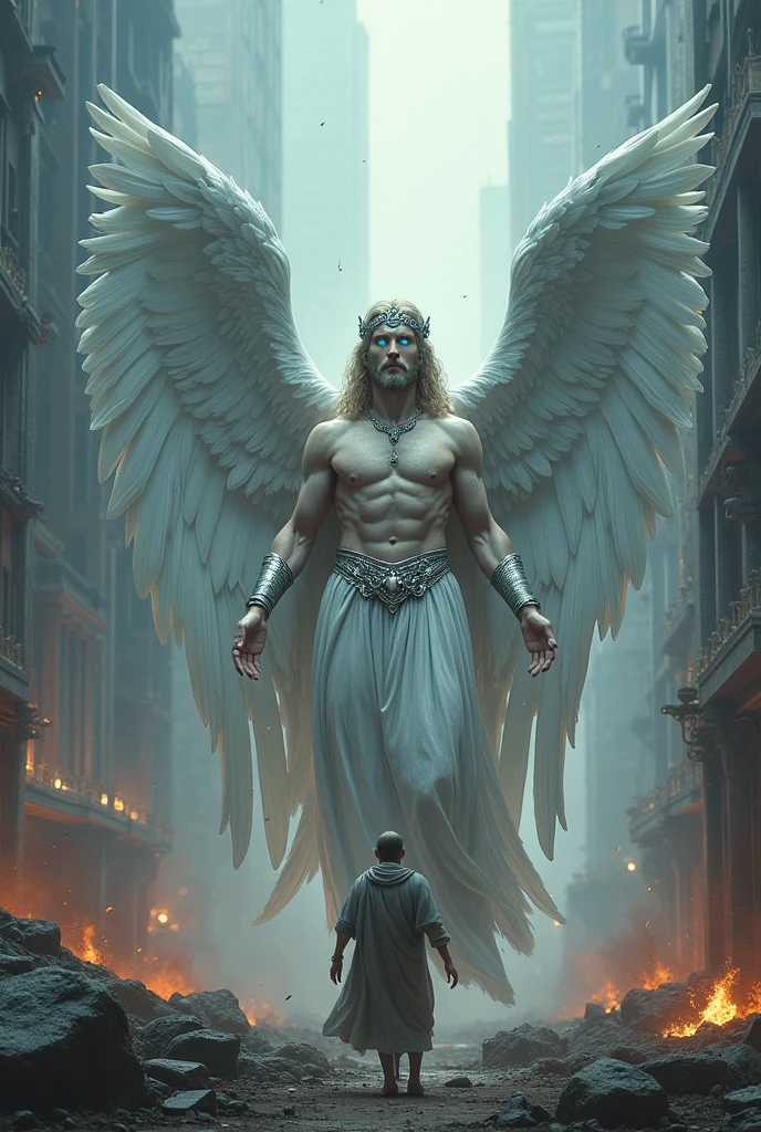 hyper-realistic portrait of two angels , They're tall, with striking faces like the demigods Hercules and Apollo, they bring a divine message to an Israelite of biblical times,wear white clothes with shiny details, have bright blue eyes, the scene is a city in destruction, Hail falls from the sky , detailed matte painting, deep cores, Fantastic, details Intricate, splashscreen, complementary cores, fantasy concept art, 8k resolution trend in Artstation Unreal Engine 5
