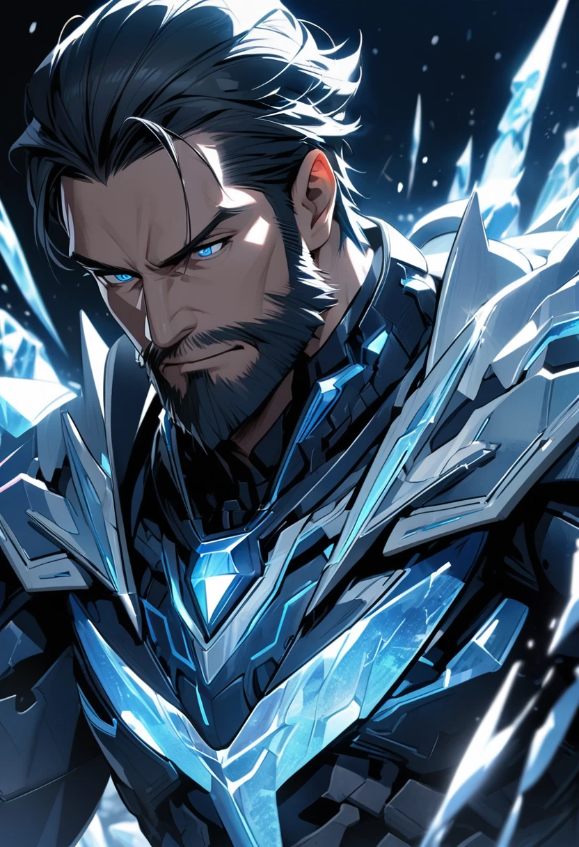 Mature man, perfect anatomic draw, perfect eyes, black short hair, straight bangs down, blue eyes, beard, blue tecnologic armor with details, white symbol in the chest, night, ice powers.