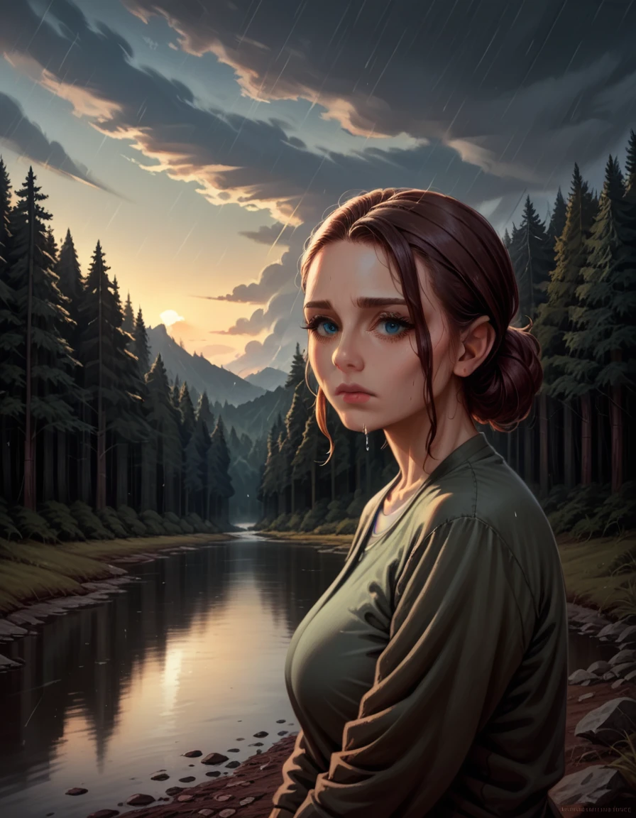 (1 girl) (masterpiece, best quality) ((the cutest camp councilor is sad she wont see you until next year)) , ,  , (stormy dark sky, sunset, raining) (beautiful forest background)
((Melancholy emotions:1.4)), ((realistic oil painting)) art by norman Rockwell, ((not sexualized huge breasts))