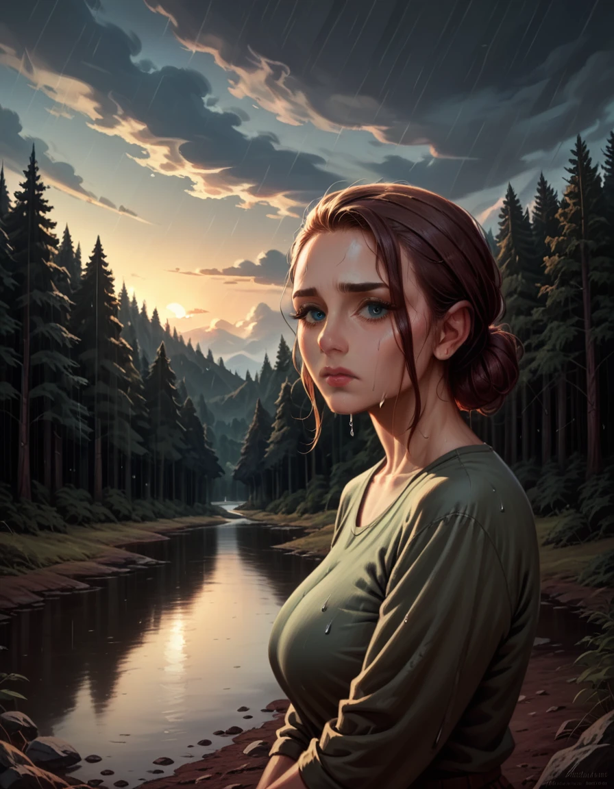 (1 girl) (masterpiece, best quality) ((the cutest camp councilor is sad she wont see you until next year)) , , , (stormy dark sky, sunset, raining) (beautiful forest background)
((Melancholy emotions:1.4)), ((realistic oil painting)) art by norman Rockwell, ((not sexualized huge breasts))