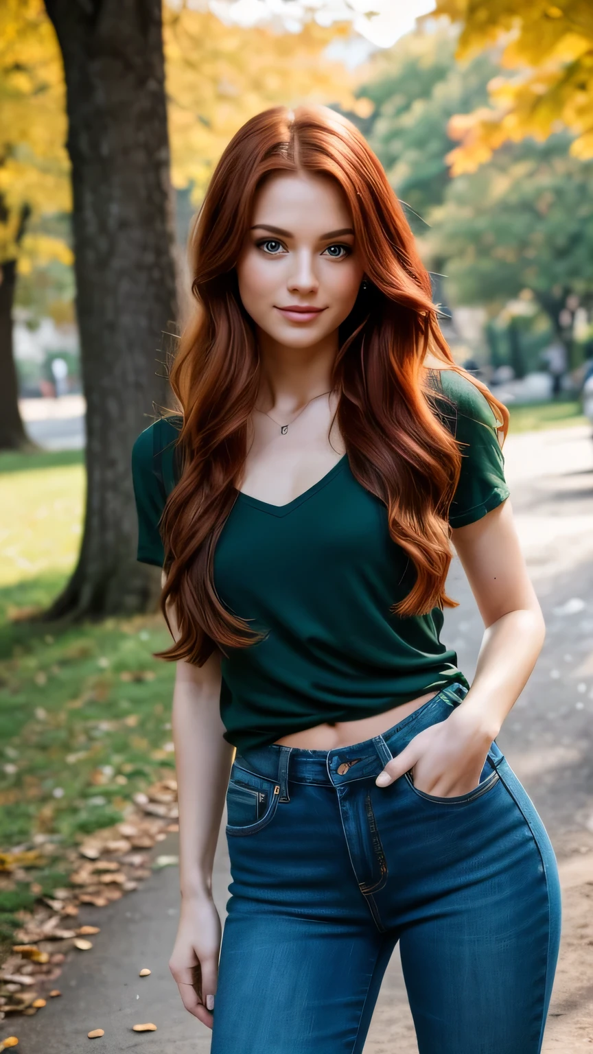 Realistic full body photo of a smiling, Young red-haired girl with long hair, She dances in front of the camera in a green shirt and tight black jeans, Park,glamour fotoshooting, Park, perfect anatomy, perfect green eyes. Perfect hands with 5 fingers on each hand, Matching girl, looking at the camera, 1 Frau. (Eye make up:1.1), (highly detailed skin:1.1), spirit, analog style, keen focus, 8K UHD, dslr, good quality, Fujifilm XT3, Grain, Award-winning, masterpiece. Park
