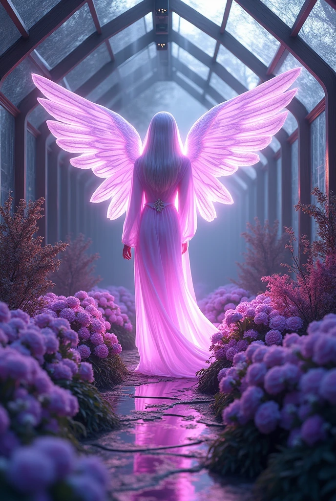 (realistic 8K ultra) A winter garden, with amber and amethyst glass panes . A violet flame angel , and purple and white flowers 