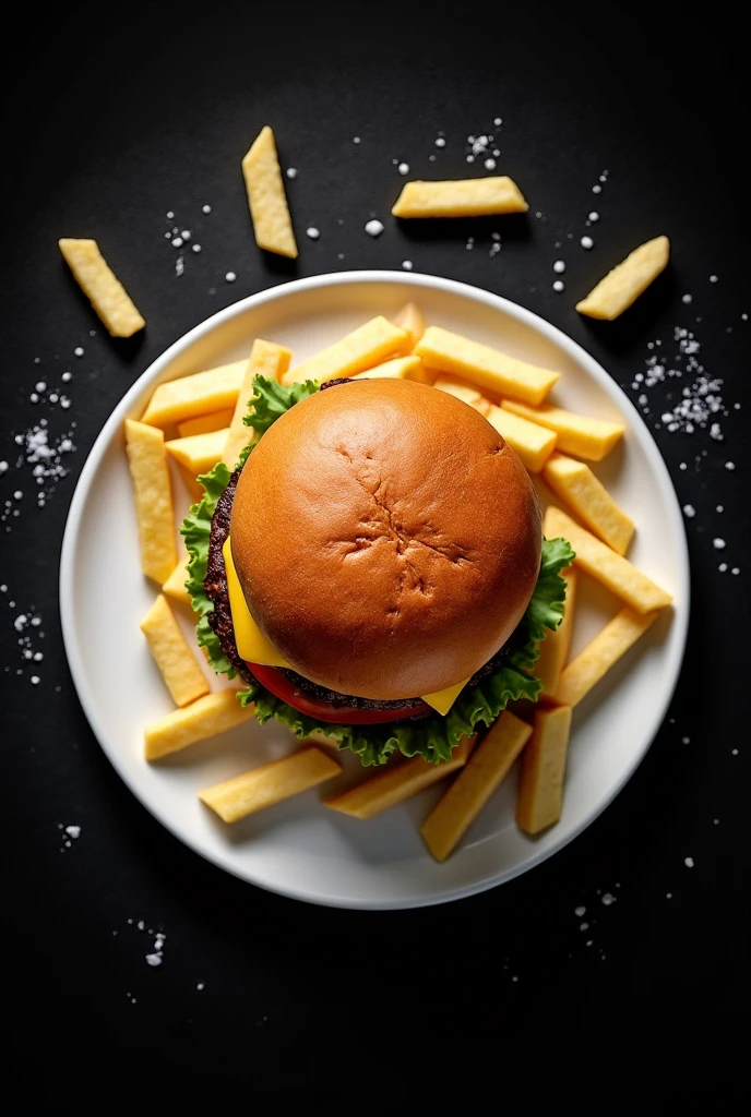 A hamburger from above on a white plate with several French fries outside the plate with salt on a black background.